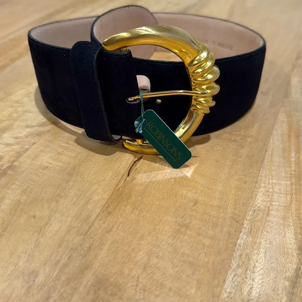 Black Suede “Door Knocker” style Belt with Gold Buckle NWT